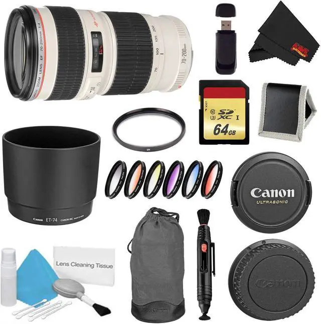 Main image of Canon EF 70-200mm f/4L USM Lens Bundle w/ 64GB Memory Card + Accessories, UV Filter Color Multicoated 6 Piece Filter Kit (International Model)