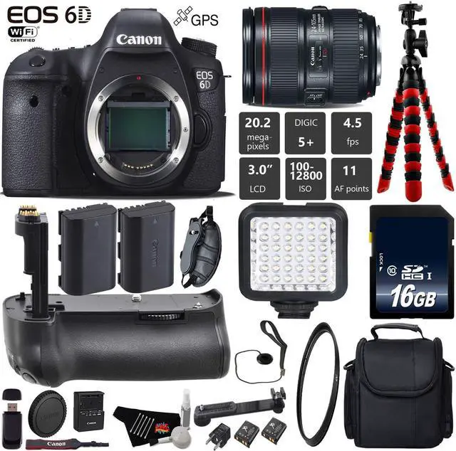 Main image of Canon EOS 6D DSLR Camera with 24-105mm f/4L II Lens + Professional Battery Grip + Tripod + UV Protection Filter + LED Kit + Extra Battery + Case + Wrist Strap + Card Reader - Intl Model