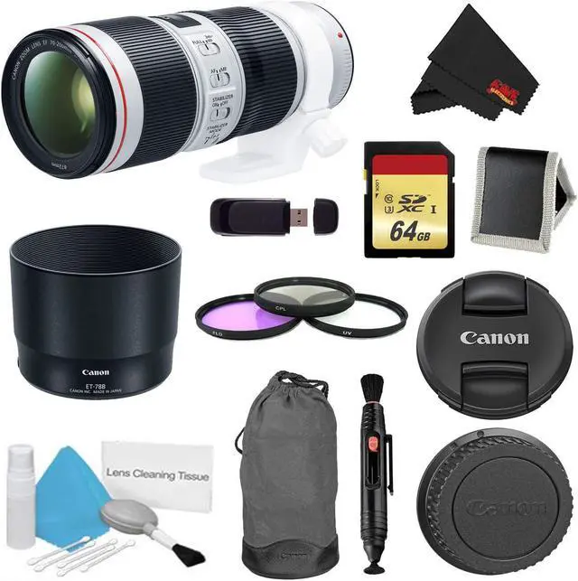 Main image of Canon EF 70-200mm f/4L IS II USM Lens Bundle w/ 64GB Memory Card + Accessories, and 3 Piece Filter Kit (Intl Model)