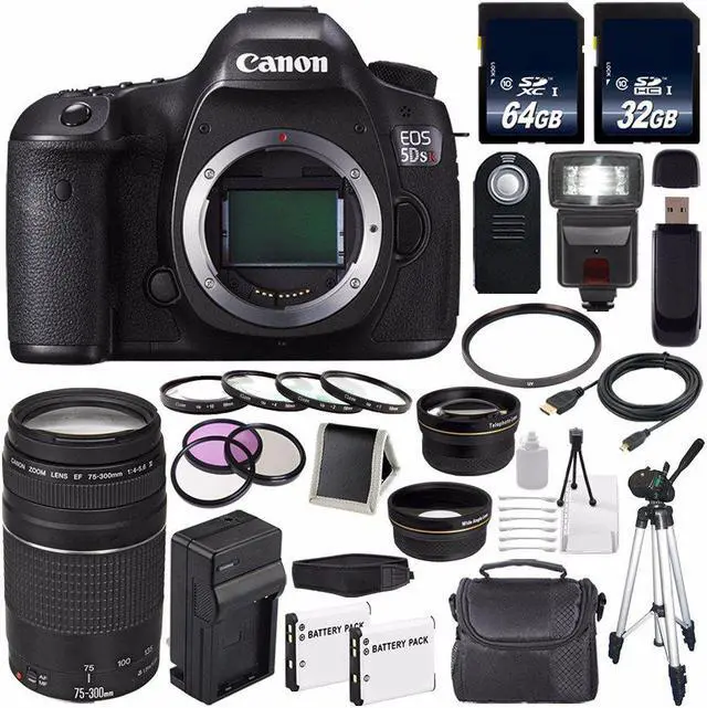 Main image of Canon EOS 5DS R DSLR Camera (International Model) 0582C002 + Canon EF 75-300 III+ LP-E6 Replacement Battery + Charger + 64GB SDXC Card + 32GB SDHC Card + 58mm Macro Close Up Kit Bundle