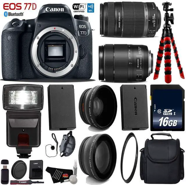 Main image of Canon EOS 77D DSLR Camera with 18-135mm is STM Lens & 55-250mm is II Lens + Flash + UV FLD CPL Filter Kit + Wide Angle & Telephoto Lens + Case + Tripod + Card Reader - Intl Model