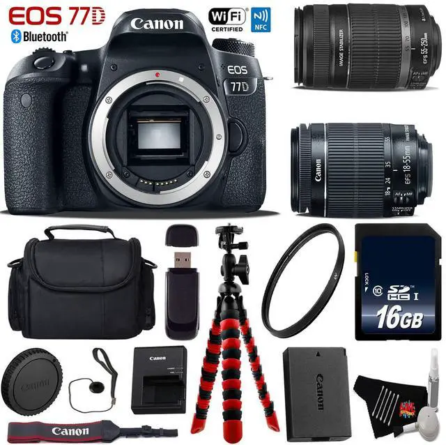 Main image of Canon EOS 77D DSLR Camera with 18-55mm is STM Lens & 55-250mm is II Lens + Flexible Tripod + UV Protection Filter + Professional Case + Card Reader - Intl Model