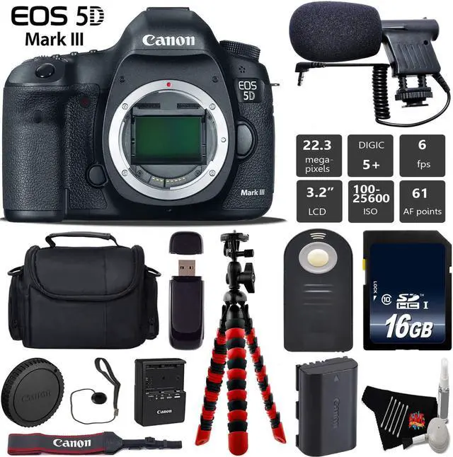 Main image of Canon EOS 5D Mark III DSLR Camera (Body Only) + Tripod + Wireless Remote + Condenser Microphone + Case + Wrist Strap + Card Reader - Intl Model