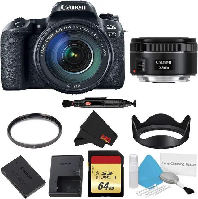 Main image of Canon EOS 77D DSLR Camera with 18-135mm Lens Bundle w/ Memory Kit + Bonus 50mm Lens (Intl Model)