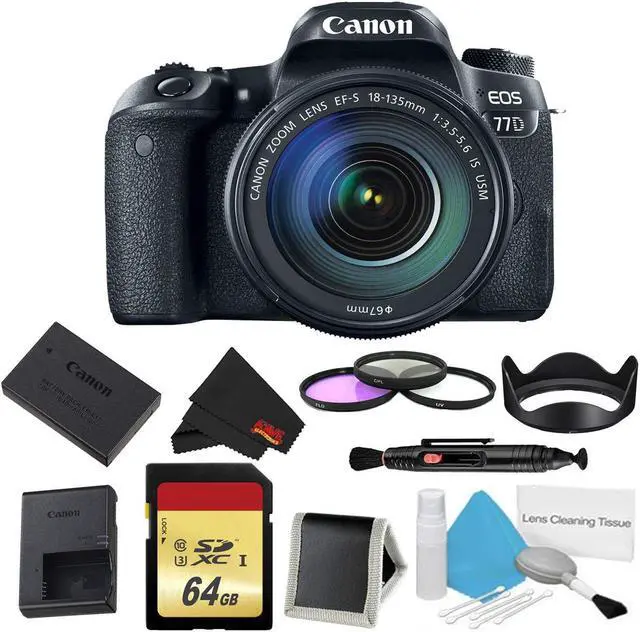 Main image of Canon EOS 77D DSLR Camera with 18-135mm Lens Bundle w/ 3 Piece Filter & Memory Kit (Intl Model)