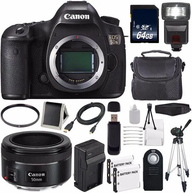 Main image of Canon EOS 5DS DSLR Camera (International Model) 0581C002 + EF 50mm f/1.8 STM Lens + 64GB Class 10 Memory Card Bundle