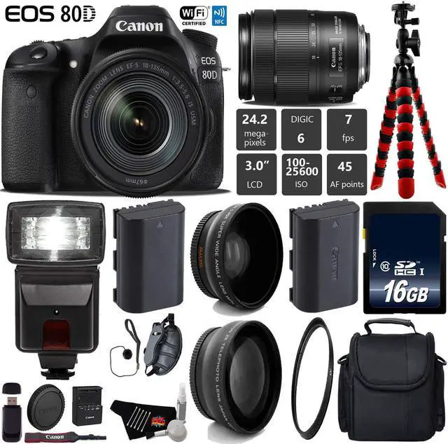 Main image of Canon EOS 80D DSLR Camera with 18-135mm is STM Lens + Tripod + Flash + UV FLD CPL Filter Kit + Wide Angle & Telephoto Lens + Camera Case + Card Reader - Intl Model