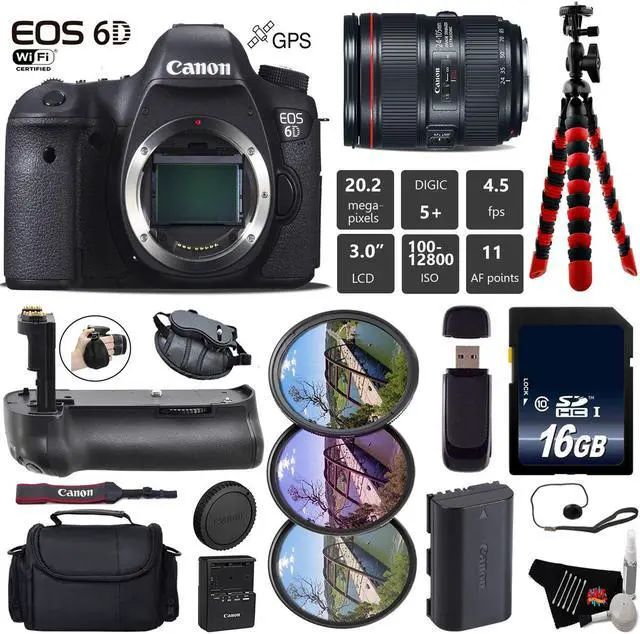 Main image of Canon EOS 6D DSLR Camera with 24-105mm f/4L II Lens + Professional Battery Grip + Tripod + UV FLD CPL Filter Kit + Case + Wrist Strap + Card Reader - Intl Model