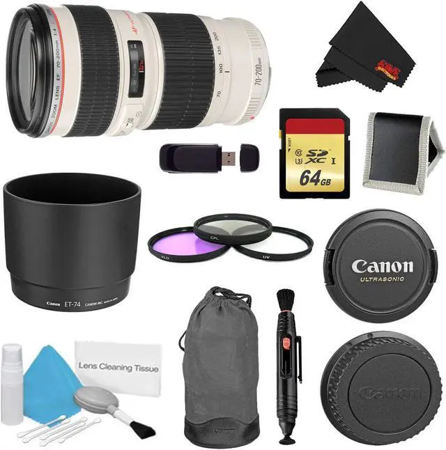 Main image of Canon EF 70-200mm f/4L USM Lens Bundle w/ 64GB Memory Card + Accessories, and 3 Piece Filter Kit (Intl Model)