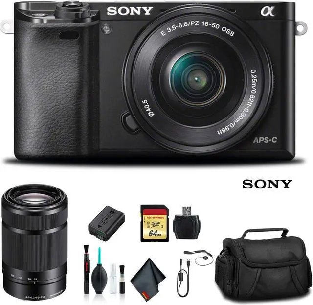 Main image of Sony Alpha a6000 Mirrorless Camera with 16-50mm and 55-210mm Lenses ILCE6000Y/B With Soft Bag, 64GB Memory Card, Card Reader , Plus Essential Accessories