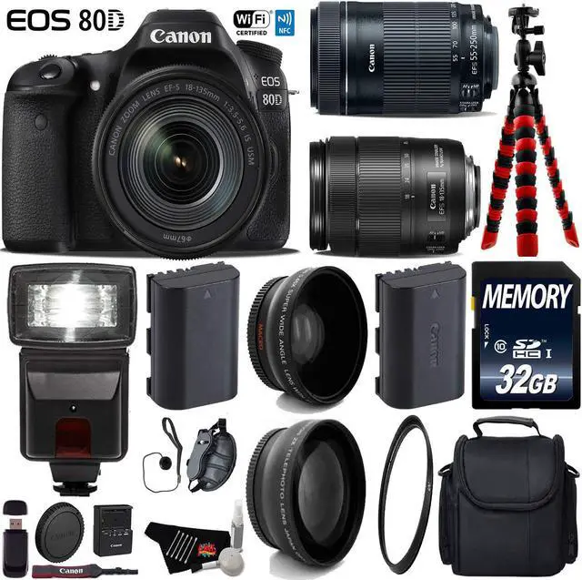 Main image of Canon EOS 80D DSLR Camera with 18-135mm is STM Lens & 55-250mm is STM Lens + Case + Flash + UV FLD CPL Filter Kit + Wide Angle & Telephoto Lens + Tripod + Card Reader - Intl Model