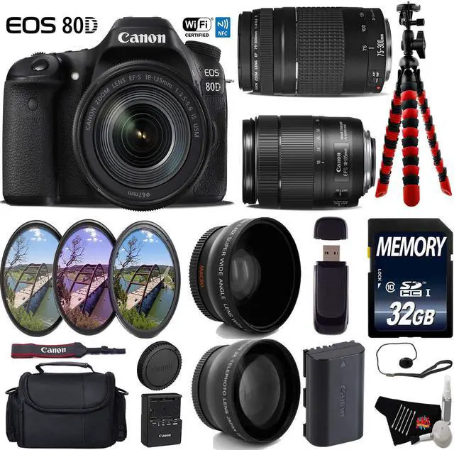Main image of Canon EOS 80D DSLR Camera with 18-135mm is STM Lens & 75-300mm III Lens + Camera Case + UV FLD CPL Filter Kit + Wide Angle & Telephoto Lens + Tripod + Card Reader - Intl Model