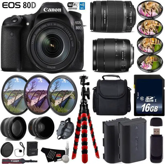Main image of Canon EOS 80D DSLR Camera & 18-135mm is STM Lens & 55-250mm is II Lens + UV FLD CPL Filter Kit + 4 PC Macro Kit + Wide Angle & Telephoto Lens + Case + Tripod + Card Reader - Intl Model