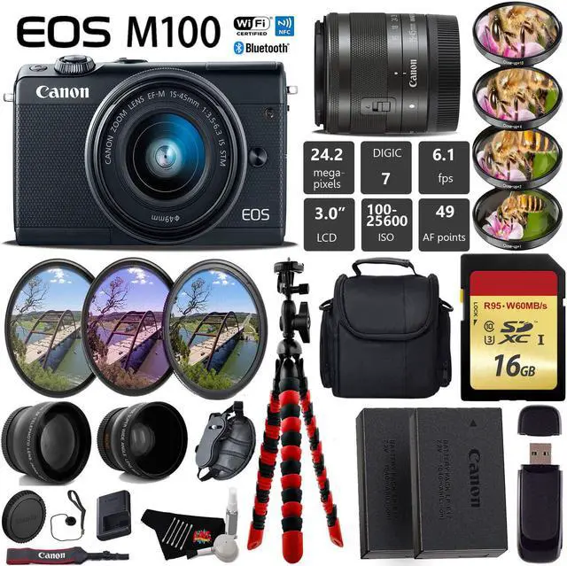 Main image of Canon EOS M100 Mirrorless Digital Camera (Black) with 15-45mm Lens + UV FLD CPL Filter Kit + 4 PC Macro Kit + Wide Angle & Telephoto Lens + Camera Case + Tripod + Card Reader - International Version