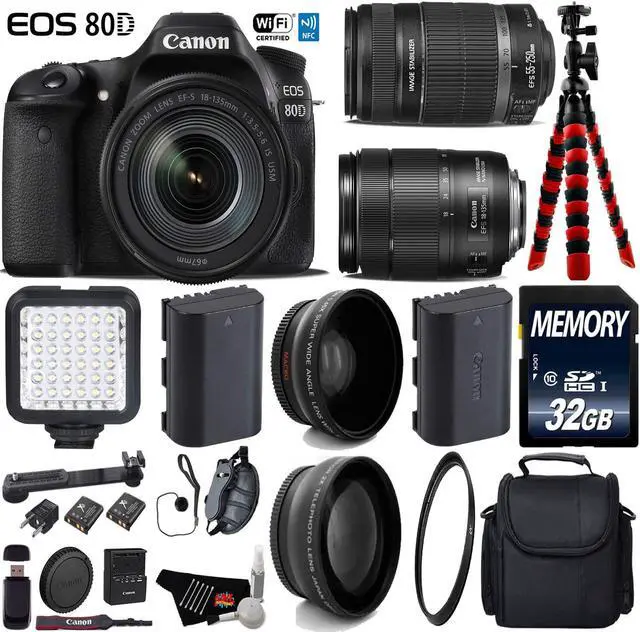 Main image of Canon EOS 80D DSLR Camera with 18-135mm is STM Lens & 55-250mm is II Lens + Camera Case + LED + UV FLD CPL Filter Kit + Wide Angle & Telephoto Lens + Tripod + Card Reader - Intl Model