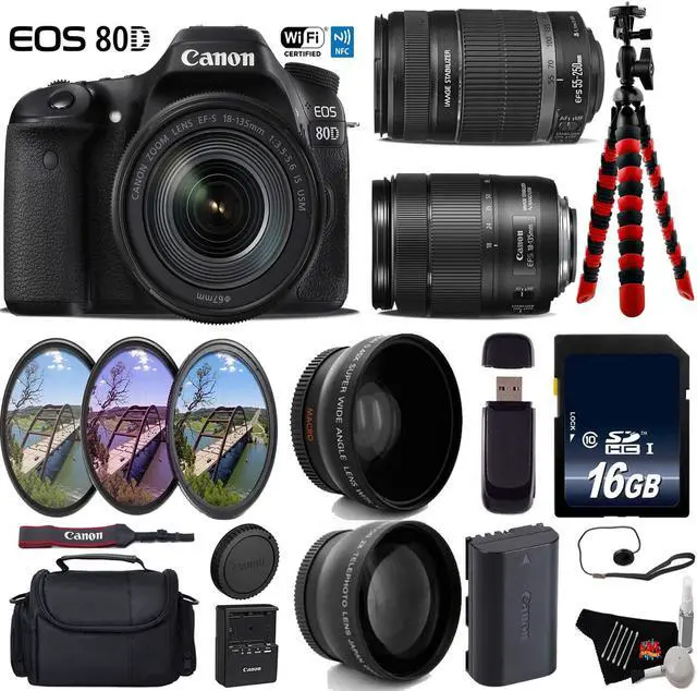 Main image of Canon EOS 80D DSLR Camera with 18-135mm is STM Lens & 55-250mm is II Lens + UV FLD CPL Filter Kit + Wide Angle & Telephoto Lens + Camera Case + Tripod + Card Reader - Intl Model