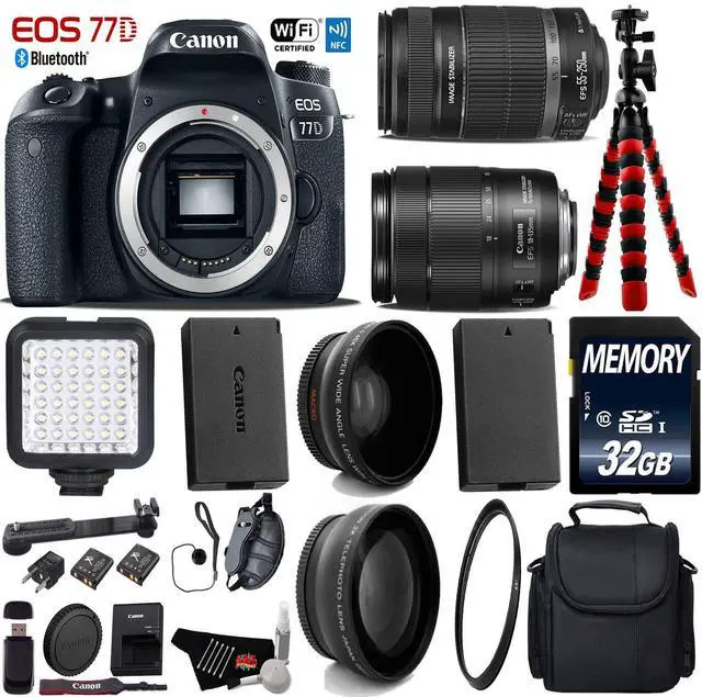 Main image of Canon EOS 77D DSLR Camera with 18-135mm is STM Lens & 55-250mm is II Lens + Tripod + LED + UV FLD CPL Filter Kit + Wide Angle & Telephoto Lens + Camera Case + Card Reader - Intl Model