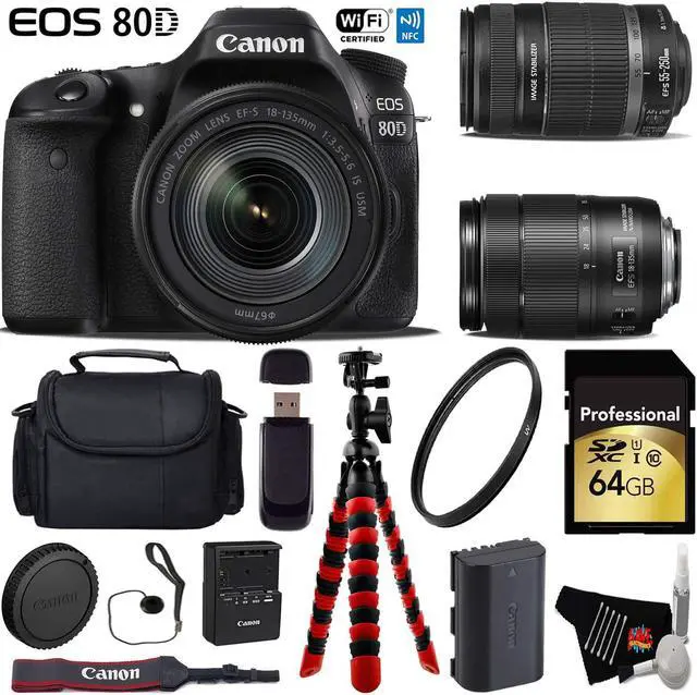 Main image of Canon EOS 80D DSLR Camera with 18-135mm is STM Lens & 55-250mm is II Lens + Professional Case + Flexible Tripod + UV Protection Filter + Card Reader - Intl Model