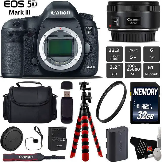 Main image of Canon EOS 5D Mark III DSLR Camera with 50mm f/1.8 STM Lens + Wrist Strap + Wireless Remote + UV Protection Filter + Case + Tripod + Card Reader - Intl Model