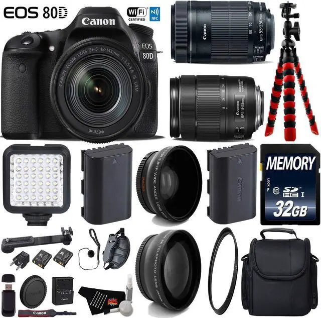 Main image of Canon EOS 80D DSLR Camera with 18-135mm STM Lens & 55-250mm is STM Lens + Camera Case + LED + UV FLD CPL Filter Kit + Wide Angle & Telephoto Lens + Tripod + Card Reader - Intl Model