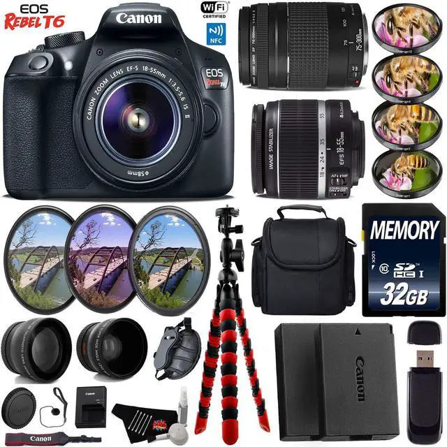 Main image of Canon EOS Rebel T6 DSLR Camera with 18-55mm IS II Lens & 75-300mm III Lens + UV FLD CPL Filter Kit + Case + 4 PC Macro Kit + Wide Angle & Telephoto Lens + Tripod + Card Reader + Bundle (Intl Model)