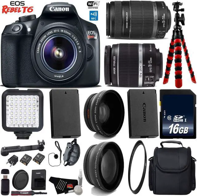 Main image of Canon EOS Rebel T6 DSLR Camera with 18-55mm IS Lens & 55-250mm IS II Lens + LED + UV FLD CPL Filter Kit + Wide Angle & Telephoto Lens + Camera Case + Tripod + Card Reader + Bundle (Intl Model)