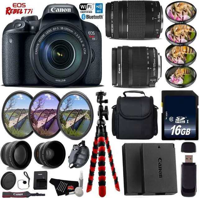 Main image of Canon EOS Rebel T7i DSLR Camera & 18-135mm IS STM Lens & 75-300mm III Lens + Tripod + UV FLD CPL Filter Kit + 4 PC Macro Kit + Wide Angle & Telephoto Lens + Case + Card Reader- Intl Model