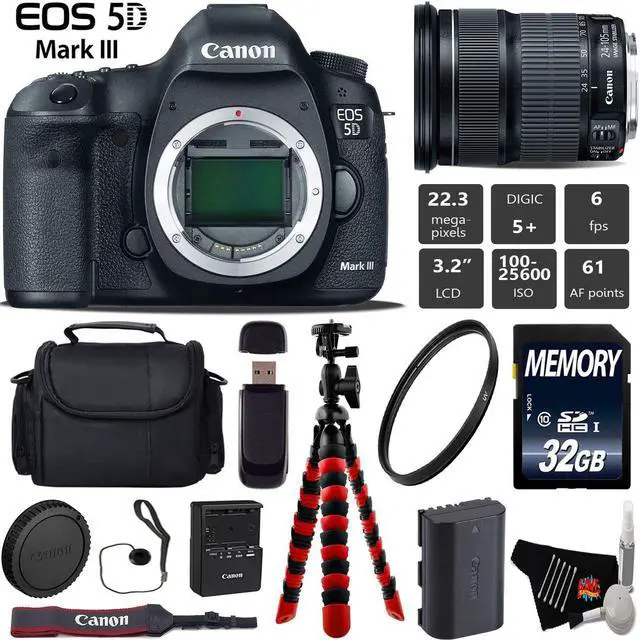 Main image of Canon EOS 5D Mark III DSLR Camera with 24-105mm is STM Lens + Wrist Strap + Wireless Remote + UV Protection Filter + Case + Tripod + Card Reader - Intl Model