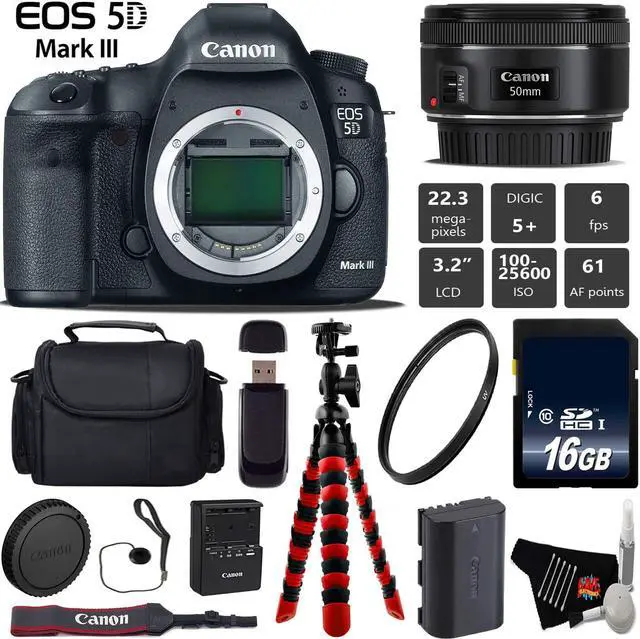 Main image of Canon EOS 5D Mark III DSLR Camera with 50mm f/1.8 STM Lens + Tripod + Wireless Remote + UV Protection Filter + Case + Wrist Strap + Card Reader - Intl Model