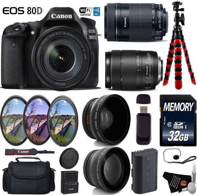 Main image of Canon EOS 80D DSLR Camera with 18-135mm is STM Lens & 55-250mm is STM Lens + Camera Case + UV FLD CPL Filter Kit + Wide Angle & Telephoto Lens + Tripod + Card Reader - Intl Model