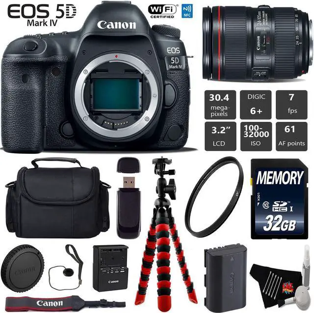 Main image of Canon EOS 5D Mark IV DSLR Camera with 24-105mm f/4L II Lens + Wrist Strap + Wireless Remote + UV Protection Filter + Case + Tripod + Card Reader - Intl Model