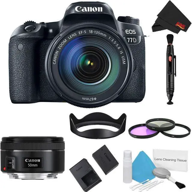 Main image of Canon EOS 77D DSLR Camera with 18-135mm Lens Bundle w/ 3 Piece Filter Kit + Bonus 50mm Lens (Intl Model)