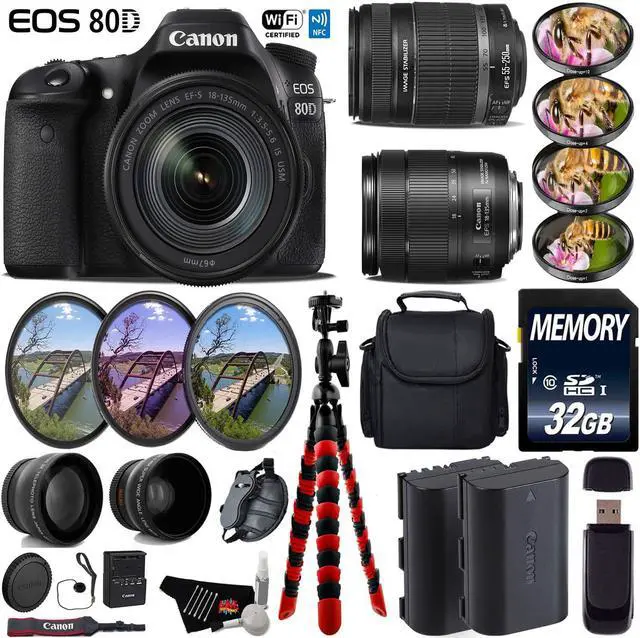 Main image of Canon EOS 80D DSLR Camera & 18-135mm is STM Lens & 55-250mm is II Lens + Case + UV FLD CPL Filter Kit + 4 PC Macro Kit + Wide Angle & Telephoto Lens + Tripod + Card Reader - Intl Model