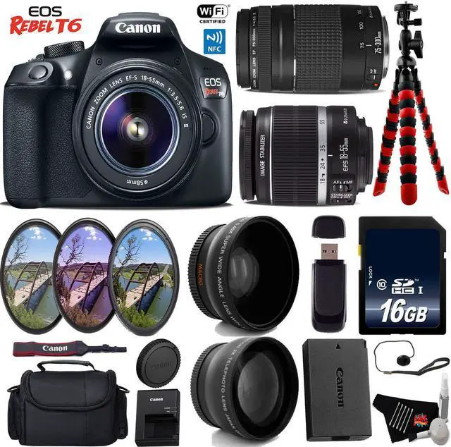 Main image of Canon EOS Rebel T6 DSLR Camera with 18-55mm IS II Lens & 75-300mm III Lens + UV FLD CPL Filter Kit + Wide Angle & Telephoto Lens + Camera Case + Tripod + Card Reader + Bundle (Intl Model)