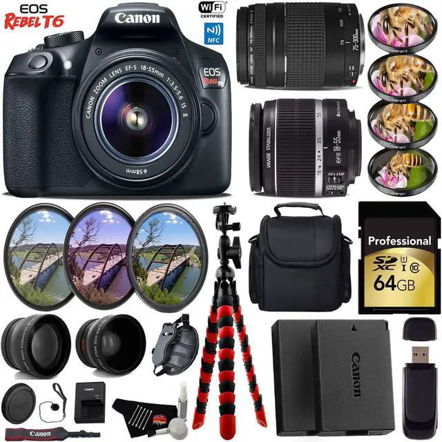 Main image of Canon EOS Rebel T6 DSLR Camera with 18-55mm IS II Lens & 75-300mm III Lens + UV FLD CPL Filter Kit + Wide Angle & Telephoto Lens + 4 PC Macro Kit + Case + Tripod + Card Reader + Bundle (Intl Model)