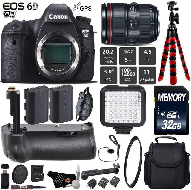 Main image of Canon EOS 6D DSLR Camera with 24-105mm f/4L II Lens + Professional Battery Grip + Wrist Strap + UV Protection Filter + LED Kit + Extra Battery + Case + Tripod + Card Reader - Intl Model