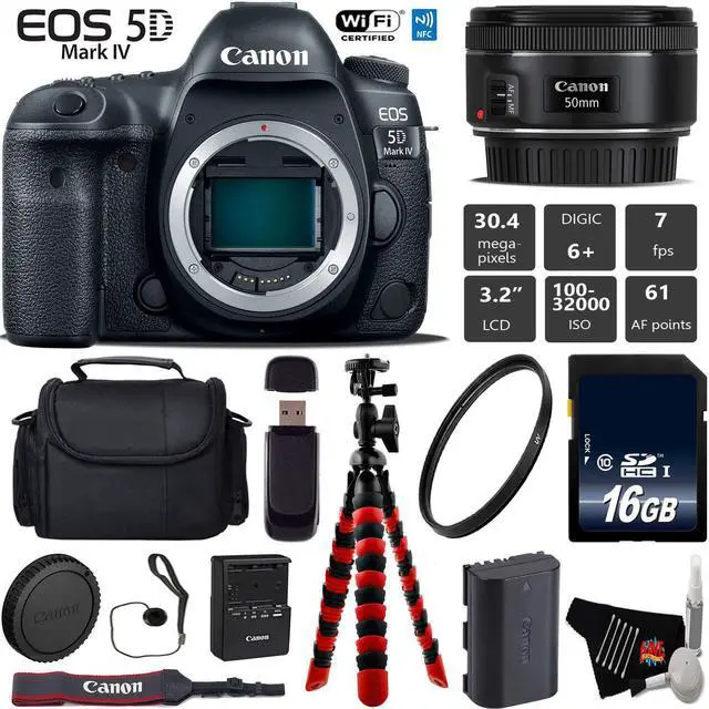 Main image of Canon EOS 5D Mark IV DSLR Camera with 50mm f/1.8 STM Lens + Tripod + Wireless Remote + UV Protection Filter + Case + Wrist Strap + Card Reader - Intl Model