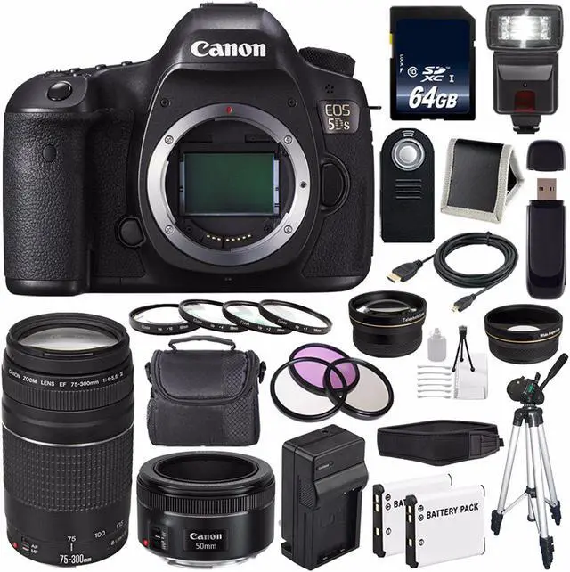 Main image of Canon EOS 5DS DSLR Camera (International Model) 0581C002 + Canon EF 75-300 III+ EF 50mm f/1.8 STM Lens + LP-E6 Replacement Battery + Charger + 64GB SDXC Card Bundle