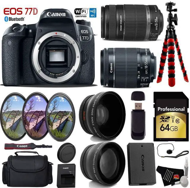 Main image of Canon EOS 77D DSLR Camera with 18-55mm is STM Lens & 55-250mm is II Lens + Tripod + UV FLD CPL Filter Kit + Wide Angle & Telephoto Lens + Camera Case + Card Reader - Intl Model