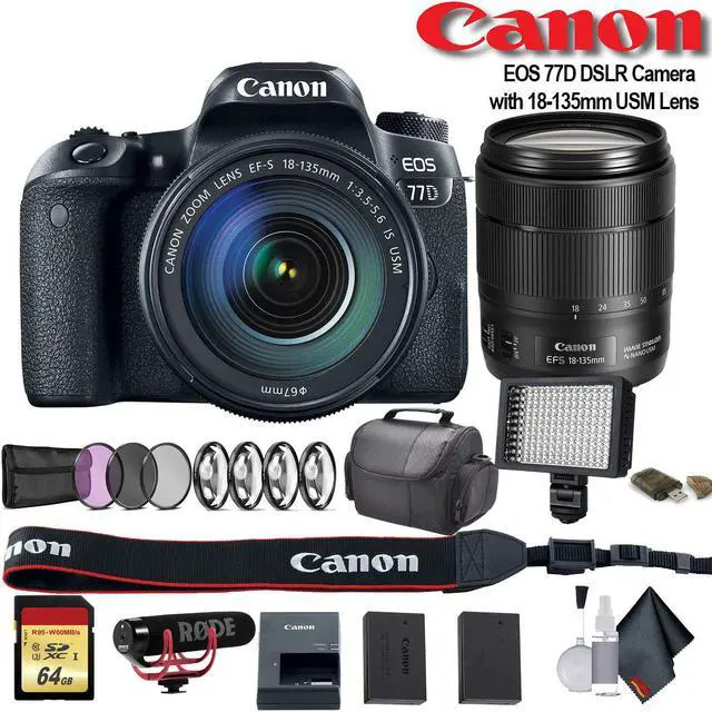 Main image of Canon EOS 77D DSLR Camera with 18-135mm USM Lens (Intl Model) (1892C002) W/ Bag, Extra Battery, LED Light, Mic, Filters and More - Advanced Bundle