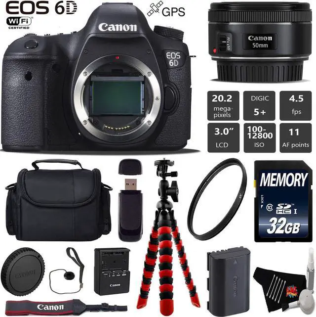 Main image of Canon EOS 6D DSLR Camera with 50mm f/1.8 STM Lens + Wrist Strap + Wireless Remote + UV Protection Filter + Case + Tripod + Card Reader - Intl Model