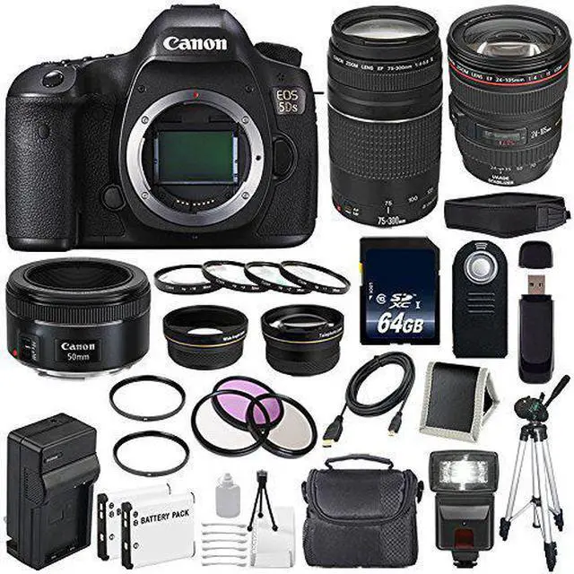 Alt view image 2 of 2 - Canon EOS 5DS DSLR Camera (International Model) 0581C002 + Canon EF 24-105mm f/4L is USM Lens + Canon EF 75-300 III+ EF 50mm f/1.8 STM Lens + LP-E6 Replacement Battery + Charger Bundle