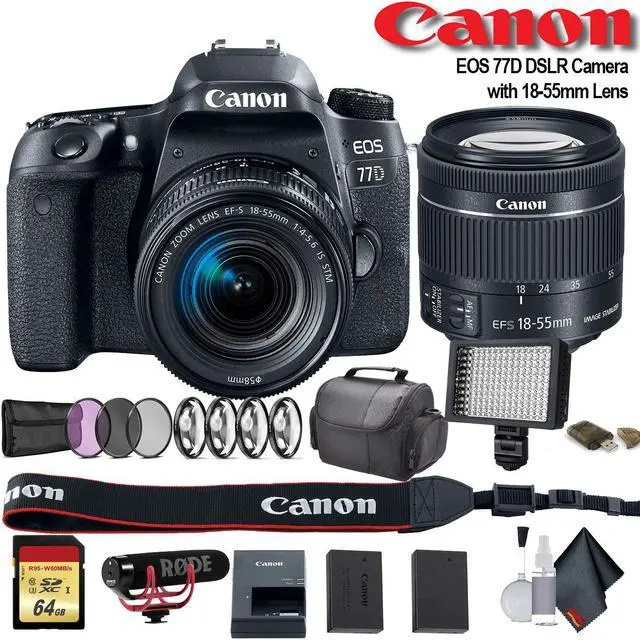 Main image of Canon EOS 77D DSLR Camera with 18-55mm Lens (Intl Model) (1892C016) W/ Bag, Extra Battery, LED Light, Mic, Filters and More - Advanced Bundle