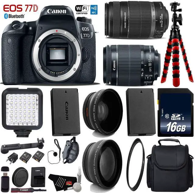 Main image of Canon EOS 77D DSLR Camera with 18-55mm is STM Lens & 55-250mm is II Lens + LED + UV FLD CPL Filter Kit + Wide Angle & Telephoto Lens + Camera Case + Tripod + Card Reader - Intl Model