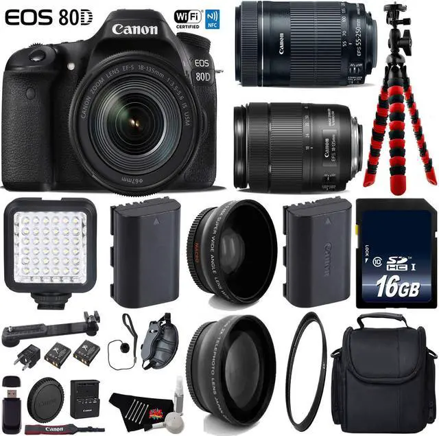 Main image of Canon EOS 80D DSLR Camera with 18-135mm STM Lens & 55-250mm is STM Lens + LED + UV FLD CPL Filter Kit + Wide Angle & Telephoto Lens + Camera Case + Tripod + Card Reader - Intl Model