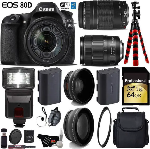 Main image of Canon EOS 80D DSLR Camera with 18-135mm is STM Lens & 75-300mm III Lens + Tripod + Flash + UV FLD CPL Filter Kit + Wide Angle & Telephoto Lens + Camera Case + Card Reader - Intl Model