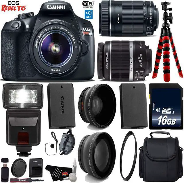 Main image of Canon EOS Rebel T6 DSLR Camera with 18-55mm IS Lens & 55-250mm IS STM Lens + Flash + UV FLD CPL Filter Kit + Wide Angle & Telephoto Lens + Camera Case + Tripod + Card Reader + Bundle (Intl Model)