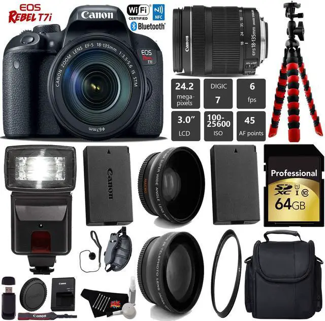 Main image of Canon EOS Rebel T7i DSLR Camera with 18-135mm IS STM Lens + Flash + UV FLD CPL Filter Kit + Wide Angle & Telephoto Lens + Camera Case + Tripod + Card Reader - Intl Model