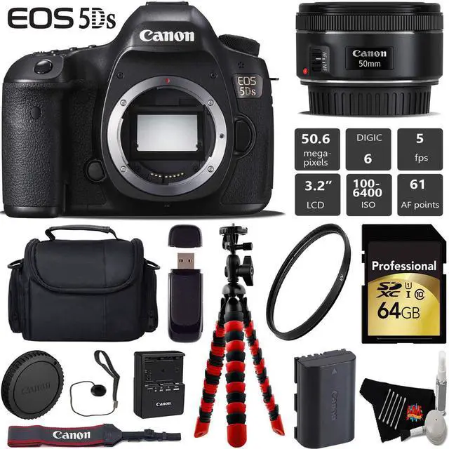 Main image of Canon EOS 5DS DSLR Camera With 50mm f/1.8 STM Lens + Wireless Remote + UV Protection Filter + Case + 64GB Memory Card + Tripod + Card Reader Bundle - Intl Model
