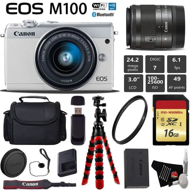 Main image of Canon EOS M100 Mirrorless Digital Camera (White) with 15-45mm Lens + Flexible Tripod + UV Protection Filter + Professional Case + Card Reader - International Version